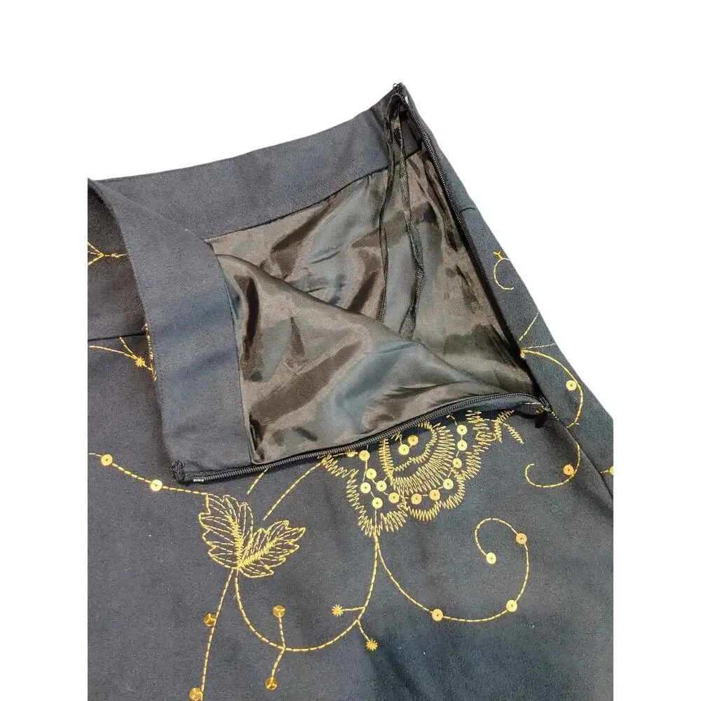 Richard Malcolm A LIne Midi Skirt Floral Sequin Embroidered Gold Black Womens 14